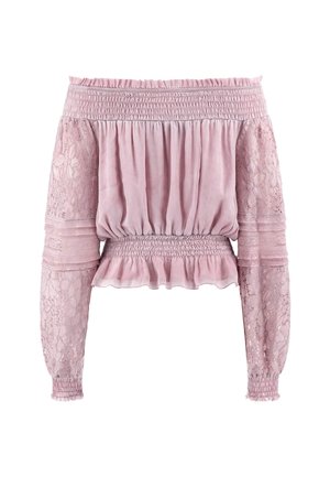 Off-the-shoulder top in light pink with smocked bodice, lace long sleeves, and ruffled hem. Soft fabric with floral lace detail.