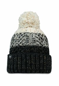 Gorro de punto con una combinación de colores negro y crema, con un patrón texturizado, un puño acanalado y un pompón esponjoso en la parte superior.
