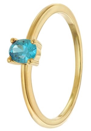 Goldener Bandring mit einem oval geschliffenen, hellblauen Edelstein, der von vier Krappen gehalten wird.