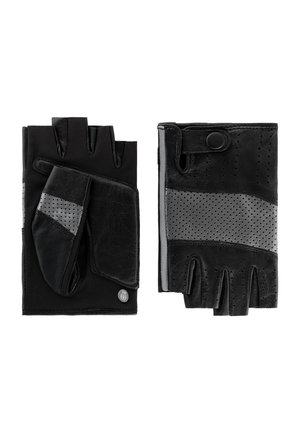 Pair of black fingerless leather gloves with perforated gray fabric panel and snap button closure, one showing palm side and the other back.