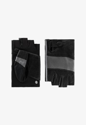 Pair of black fingerless leather gloves with perforated gray fabric panel and snap button closure, one showing palm side and the other back.