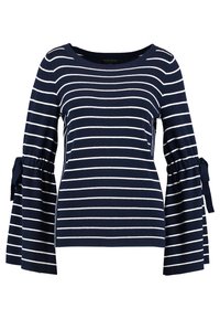 Tmavě modrý top s dlouhým rukávem a bílými horizontálními pruhy. Má rozšířené rukávy s mašličkami. Vyrobeno z měkké a pružné tkaniny.