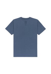 Blaue Baumwoll-T-Shirt mit kurzen Ärmeln. Verfügt über einen Rundhalsausschnitt und ein schlichtes Design. Auf der Rückseite befindet sich ein dezentes Markenlabel nahe der Oberseite.