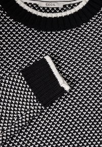 Pull en tricot noir et blanc avec une texture à motif de cœur, doté d'un col et de poignets côtelés. L'étiquette indique "CECIL."