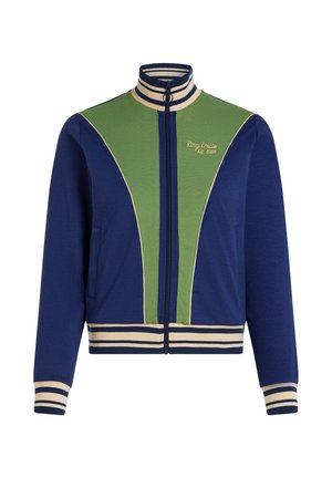 Granatowo-zielona kurtka na zamek z wysokim kołnierzem, kontrastowymi pasami na kołnierzu i dole, z bocznymi kieszeniami i haftowanym logo.