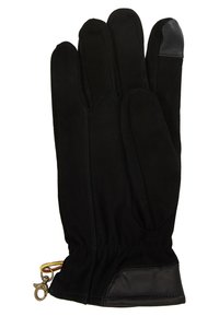 Guanto in suede nero con cinque dita, caratterizzato da un accento in pelle sulla punta delle dita e un cordino regolabile con clip al polso.