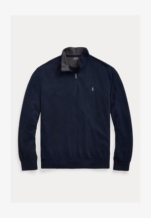 Pullover in pile di colore navy con colletto alto, chiusura a mezza zip e colletto grigio in contrasto. Dotato di un piccolo logo ricamato sul petto.