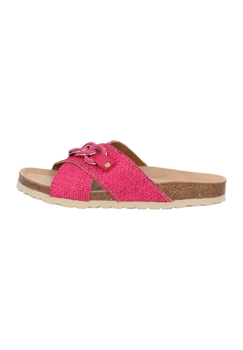 Sandaletto a scivolo intrecciato rosa con ampia fascia, soletta in sughero e suola in gomma. Accentuato da un dettaglio in metallo sulla fascia.