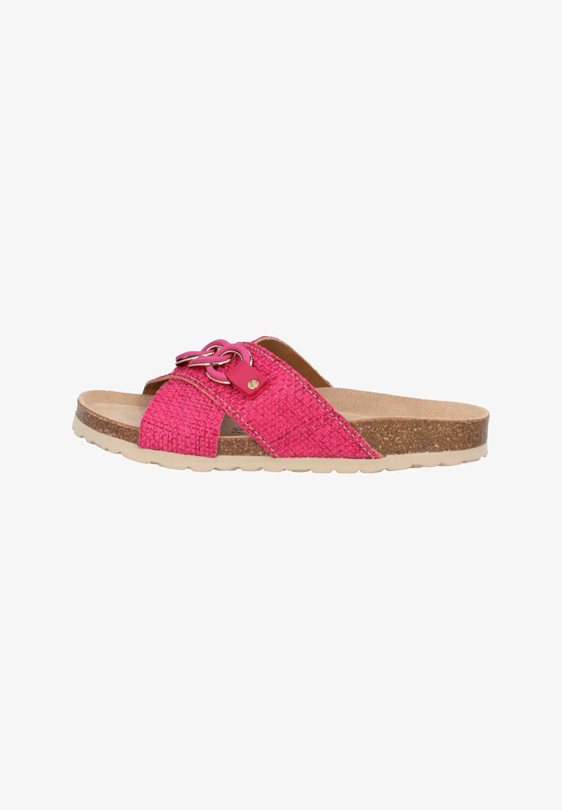 Rosa vävd slidesandal med en bred rem, korkfotbädd och gummiyttersula. Försedd med en metalldetalj på remmen.