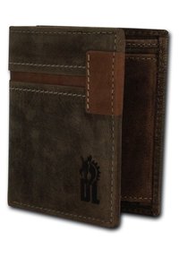 Brown leather wallet with a textured finish, featuring a contrasting tan leather accent, stitching details, and embossed design.