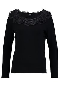 Svart långärmad topp med rund halsringning som har en rynkad, genomskinlig krage gjord av lager av svart material.