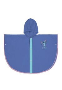 Impermeabile blu stile poncho con cappuccio, caratterizzato da una grafica di Stitch e chiusura con bottone turchese, rifinito con un bordo rosa.