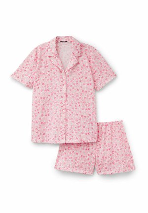 Kurzärmliges Hemd mit Knopfleiste und Shorts mit elastischem Bund, rosa Blumenmuster auf hellem Hintergrund.