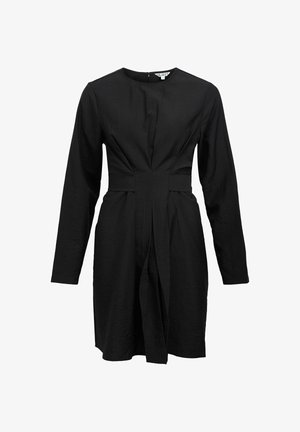 Zwarte jurk met lange mouwen, een strakke taille, ronde halslijn en subtiele plooien die naar beneden lopen aan de voorkant.