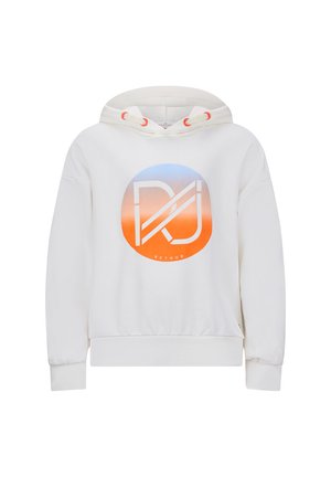 Witte hoodie van katoen, met een cirkelvormig oranje en blauw logo met de tekst "DJ" en "RETLOUR". Bevat een trekkoordcapuchon en ribgebreide manchetten.
