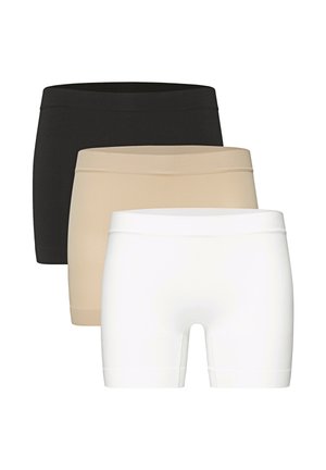 Three pairs of seamless shorts in black, beige, and white. Made of stretch fabric with a smooth texture and elastic waistband.