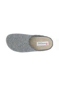 Gray felt slip-on slipper with a smooth texture, rounded toe, and open heel. Features a beige insole with a brand label.