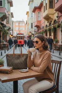 Donna con occhiali da sole che beve caffè a un tavolo di un bar all'aperto con borsa e libri su una strada acciottolata europea con un tram rosso.