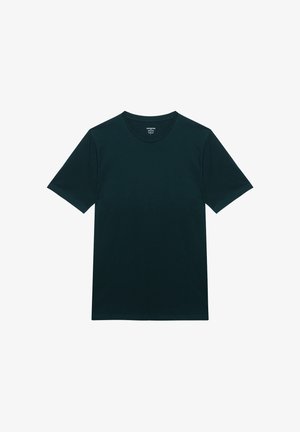 Solid dark green short-sleeve crew neck T-shirt laid flat on a white background, showing front side.