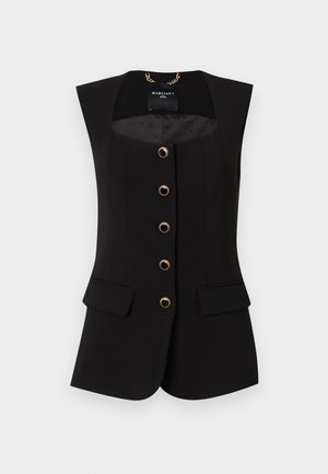 Gilet nero senza maniche, sagomato, con cinque bottoni decorati con rifiniture dorate sulla parte frontale e due tasche con pattina sui fianchi.