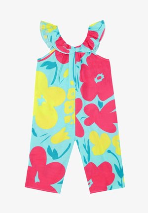 Blomsterjumpsuit med baggrund i blå farve og store rosa, gule og teal blomster. Flæsebesatte skulderstropper, trykknaplukning og løs pasform.