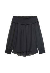 Svart off-shoulder topp med smockad halsringning och manschetter. Flödig, lättviktig tyg med lös passform, med veckade detaljer.