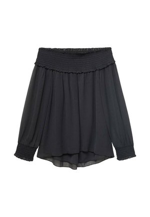Svart off-shoulder topp med smockad halsringning och manschetter. Flödig, lättviktig tyg med lös passform, med veckade detaljer.