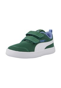 Zapatilla de malla verde con acentos blancos y dos correas de Velcro. Cuenta con un interior azul claro y una suela acolchada para mayor comodidad.