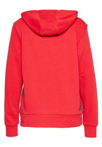 Felpa rossa in misto cotone, con cappuccio, maniche lunghe, orlo curvo e dettagli decorati sui lati.