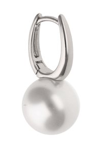 Stříbrné náušnice ve tvaru kruhu s velkou hladkou bílou perlou. Design je jednoduchý s lesklým povrchem a bezpečným uzavíracím mechanismem.