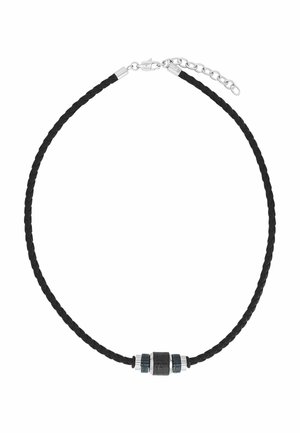 Zwarte gevlochten leren halsketting met zilveren en zwarte cilindervormige kralen, bevestigd met een zilveren karabijnsluiting en verstelbare ketting.