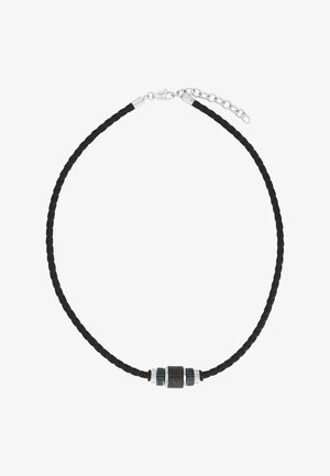 Collana in cuoio intrecciato nero con perle cilindriche in argento e nero, chiusura con moschettone in argento e catenella regolabile.