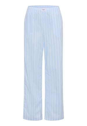 Light blue pajama pants with vertical white stripes and an elastic waistband, labeled "Copenhagen Studios" at the front center.