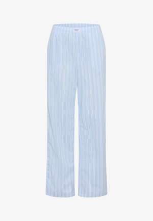 Light blue pajama pants with vertical white stripes and an elastic waistband, labeled "Copenhagen Studios" at the front center.