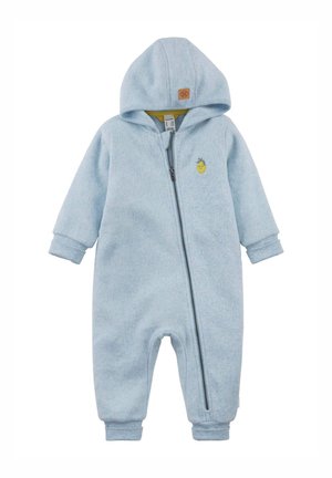 Hellblauer Kapuzen-Babyanzug mit diagonalem Reißverschluss, langen Ärmeln, Bündchen und kleinem Zitronenmotiv auf der Brust.