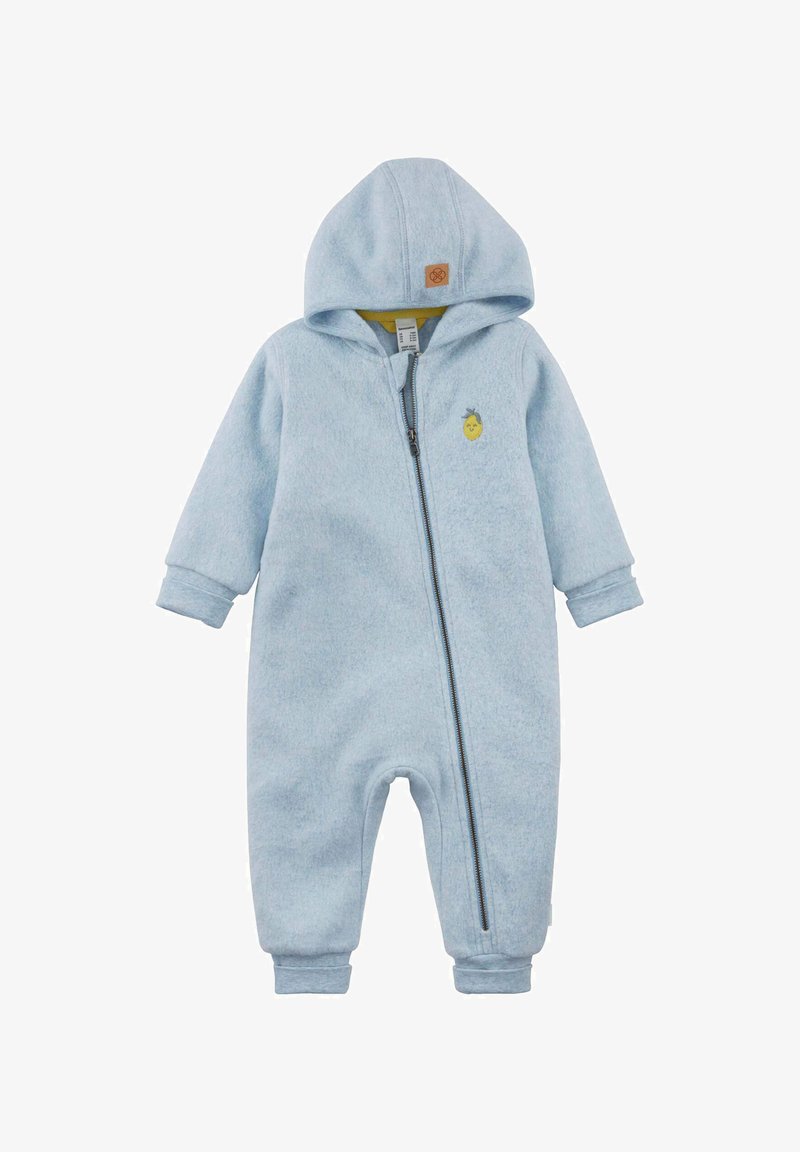 Hellblauer Kapuzen-Babyanzug mit diagonalem Reißverschluss, langen Ärmeln, Bündchen und kleinem Zitronenmotiv auf der Brust.