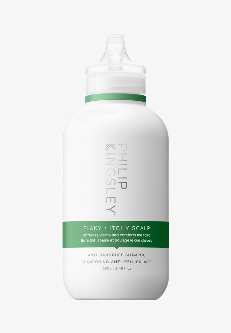 Weiße Kunststoffflasche mit einem verjüngten Deckel, grünem Etikett und silberner Schrift. Enthält Anti-Schuppen-Shampoo für schuppige, juckende Kopfhaut. 250 ml.