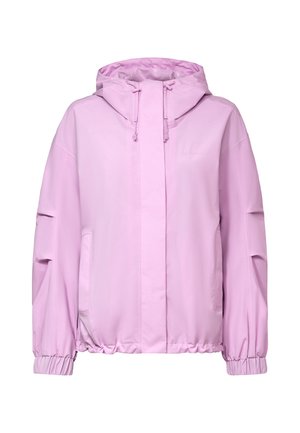 Lichtroze gewatteerde jas met capuchon, voorzien van een ritssluiting aan de voorkant en zakken, elastische manchetten en trekkoorden bij de capuchon.