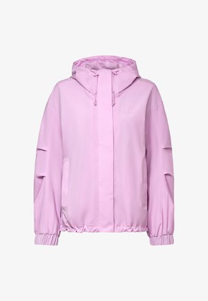 Lichtroze gewatteerde jas met capuchon, voorzien van een ritssluiting aan de voorkant en zakken, elastische manchetten en trekkoorden bij de capuchon.