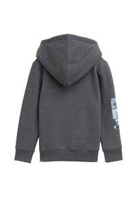 Dark gray hoodie with a large hood, featuring a textured fabric and a color-blocked photographic pattern on the left sleeve.
