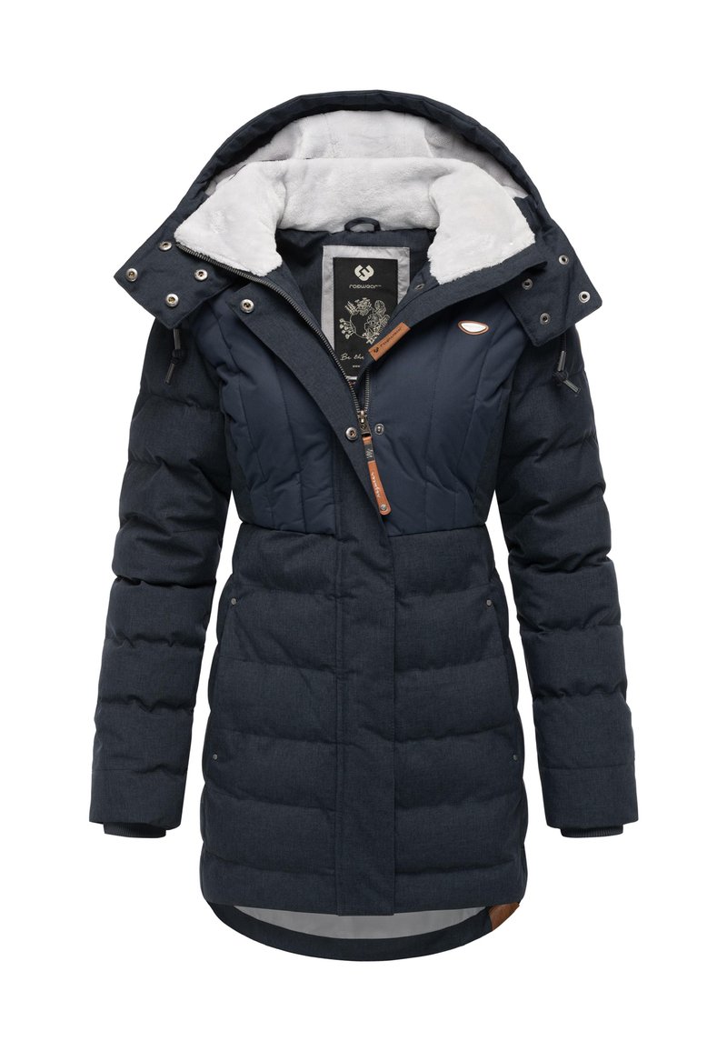 Tengerészkék bélelt téli parka műszőrmével, cipzáros elöl, állítható kapucnival és bőr díszítésekkel a cipzárnál és az alján.