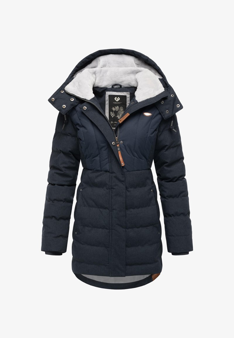 Tengerészkék bélelt téli parka műszőrmével, cipzáros elöl, állítható kapucnival és bőr díszítésekkel a cipzárnál és az alján.
