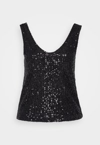 Top negro sin mangas con un escote en forma de lágrima, cubierto de brillantes lentejuelas dispuestas en líneas verticales, que ofrecen una superficie texturizada y reflectante.