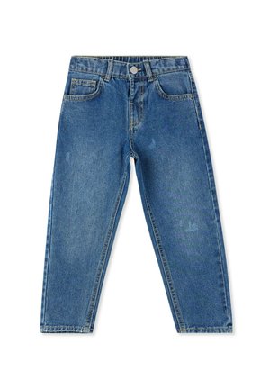 Jeans in denim blu con design a gamba dritta, dotati di chiusura con bottone frontale, passanti per cintura e cinque tasche, con una finitura leggermente slavata.