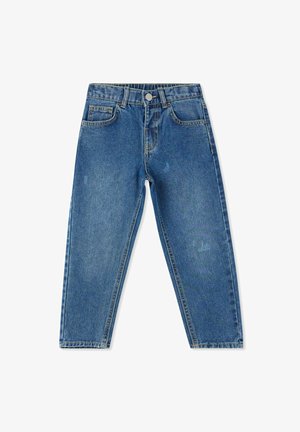 Jeans in denim blu con design a gamba dritta, dotati di chiusura con bottone frontale, passanti per cintura e cinque tasche, con una finitura leggermente slavata.