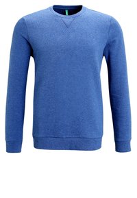 Blå crewneck-tröja i texturerad tyg, med långa ärmar och ribbade muddar, som har en subtil diagonalt sömdetalj vid halsen.