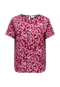 Bluzka krótko rękawowa z okrągłym dekoltem w różowo-czerwony abstrakcyjny wzór w panterkę.