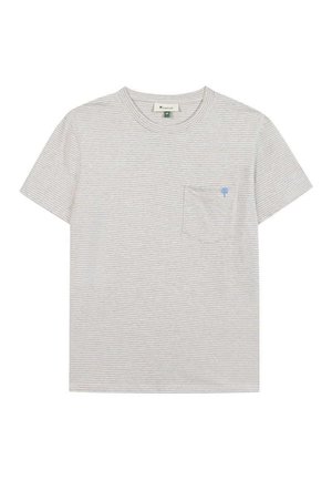 Lichtgrijs T-shirt met korte mouwen, dunne horizontale strepen, ronde halslijn, borstzakje en klein blauw boomlogo op het zakje.