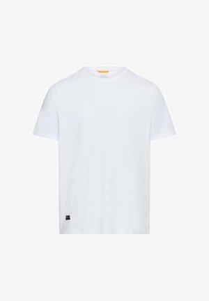 White cotton t-shirt with short sleeves, round neckline, and a small logo on the chest. Features a fabric tag at the bottom left.