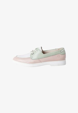 Lightweight canvas shoe in white, mint green, and pale pink. Features laces, round toe, and a textured sole for grip.